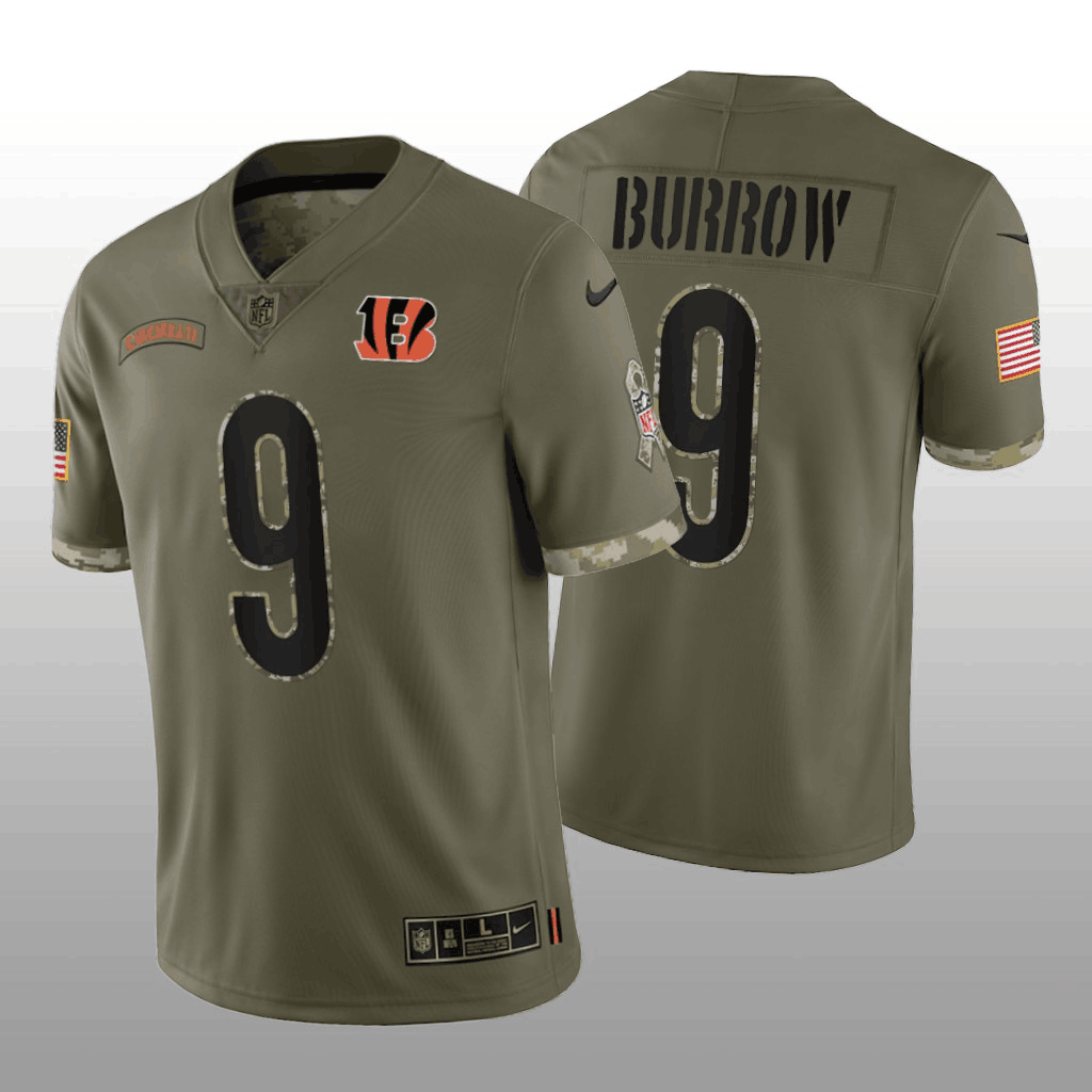 Men's Cincinnati Bengals #9 Joe Burrow Olive 2022 Salute To Service Limited Stitched Jersey Men's Cincinnati Bengals #9 Joe Burrow Olive 2022 Salute To Service Limited Stitched Jersey